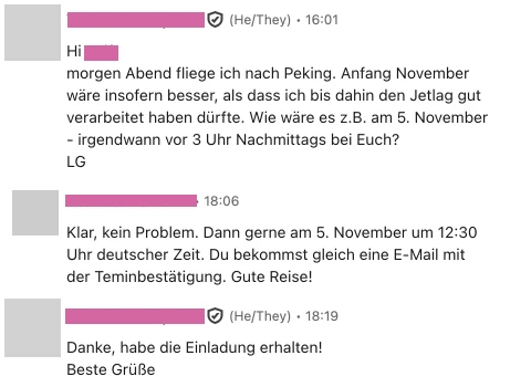 LinkedIn-Nachrichten: Interessent schlägt selbst einen Termin vor, Einladung bestätigt