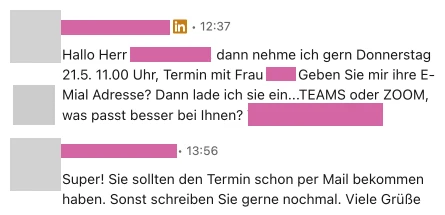 LinkedIn-Nachrichten: Termin am Donnerstag um 11 Uhr zugesagt, Einladung verschickt