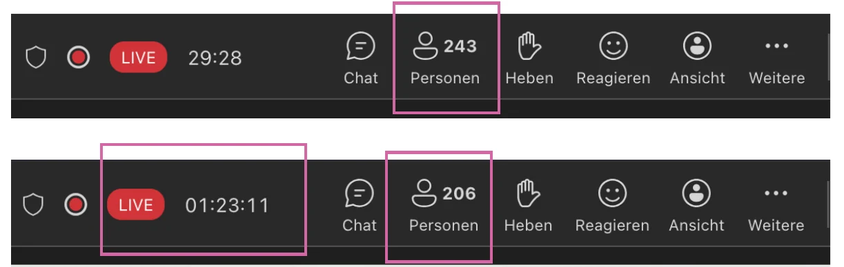 Teams-Webinar mit 243 und später 206 Teilnehmenden live