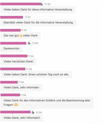 Chat nach dem Webinar: viele Teilnehmende bedanken sich